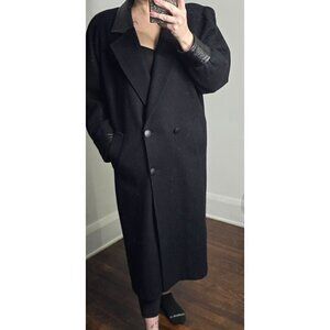Vintage Black Wool Leather Trim Overcoat Classic
